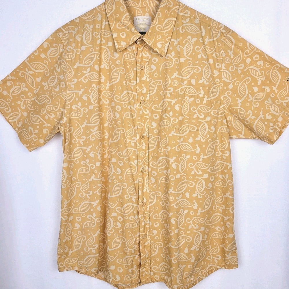 Life Is Good Mens Button Up Shirt L Yellow White Print Short Sleeve Casual‎